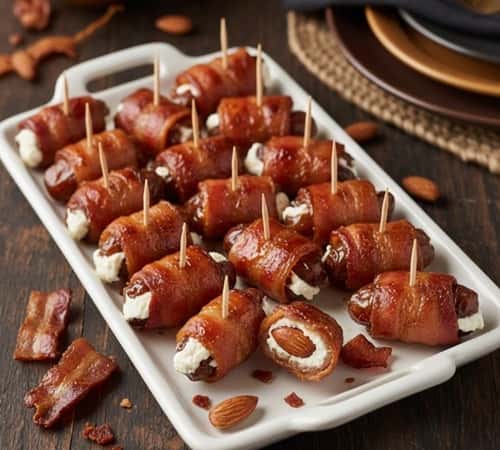 8. Bacon-Wrapped Dates Stuffed with Herb Cream Cheese and Almonds