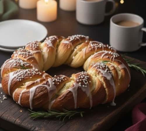 Cardamom Cream Cheese Christmas Wreath Bread - served