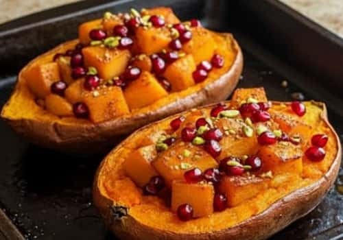 Instructions to make Spiced Persimmon & Pomegranate Twice-Baked Sweet Potatoes