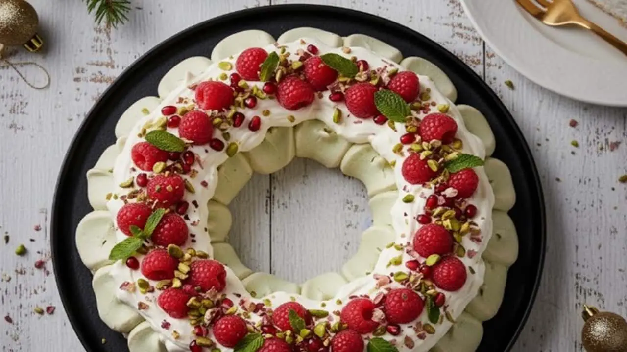 Pistachio Rose Christmas Pavlova Wreath - featured