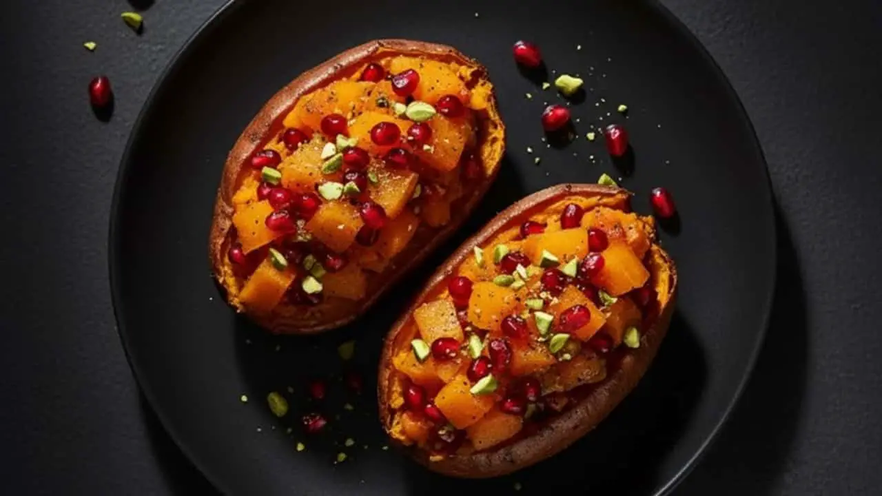 Spiced Persimmon & Pomegranate Twice-Baked Sweet Potatoes - featured