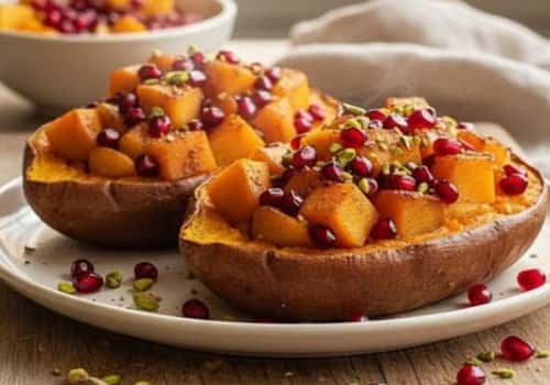 Spiced Persimmon & Pomegranate Twice-Baked Sweet Potatoes - served