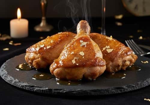 1. Champagne-Braised Chicken Thighs with Gold Leaf Garnish