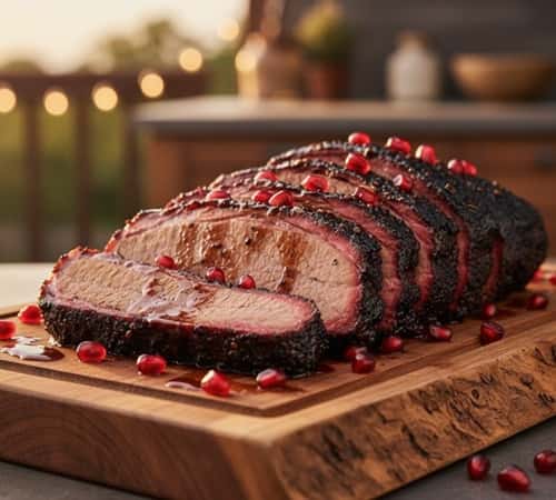 1. Charred Brisket with Pomegranate-Date Glaze