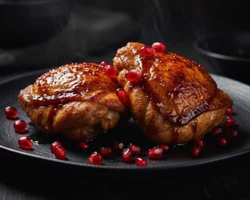 1. Crispy Schmaltz-Fried Chicken Thighs with Honey-Pomegranate Glaze