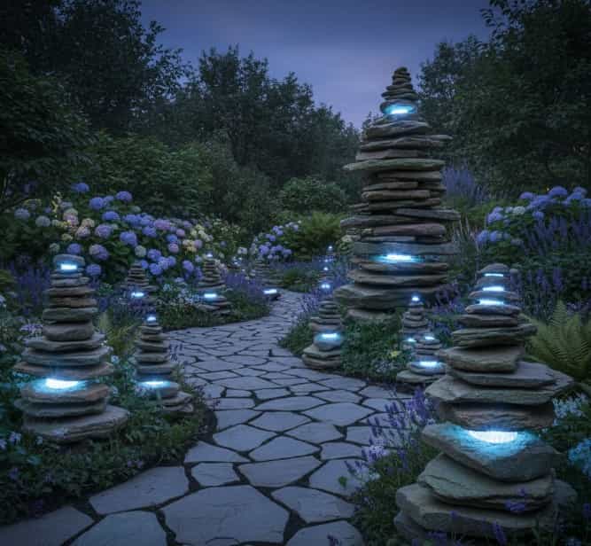 11. Stacked Stone Cairns with Internal LED Lighting