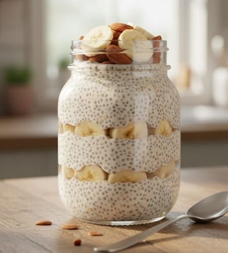 14) Banana Chia Pudding with Almond Crunch