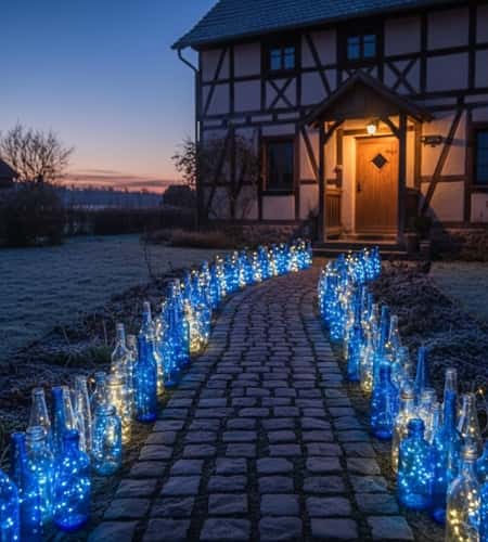 2. Illuminated Blue Glass Bottle Pathway Border