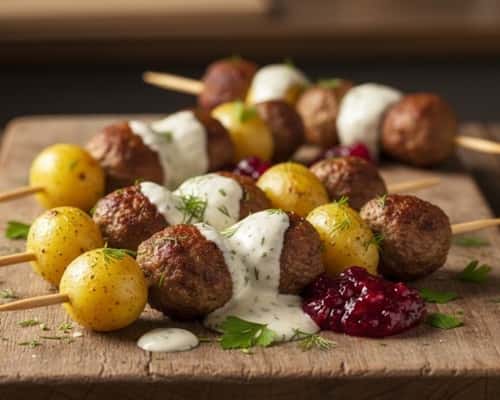 3. Swedish Meatball Skewers with Lingonberry Drizzle