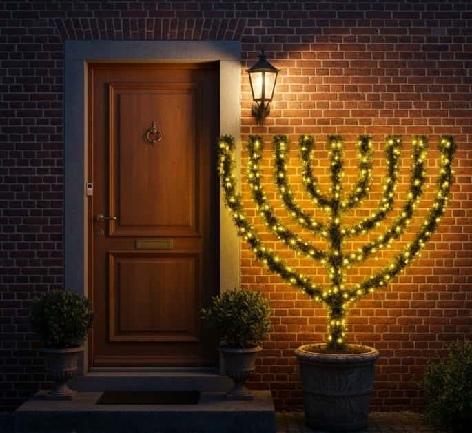4. Menorah-Shaped Topiary Frame with Evergreen Branches