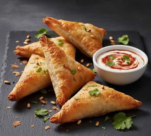 4. Moroccan Beef Phyllo Triangles with Harissa Yogurt