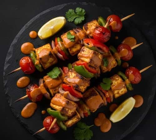 4. Paneer Tikka Skewers with Red Pepper Sauce
