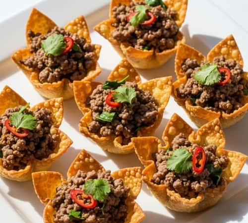 6. Thai Basil Beef in Crispy Wonton Cups