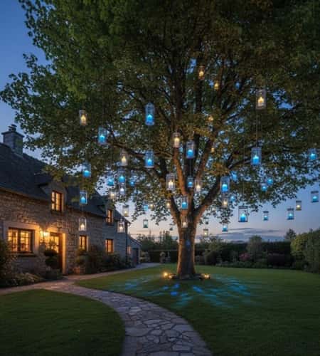 8. Suspended Floating Candle Cylinders from Tree Branches