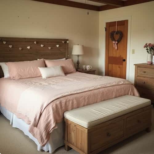 1. Blush Bedding With Warm Wood Layers