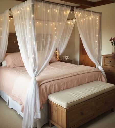2. Headboard Curtains With Starry String Lights