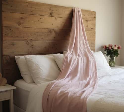 7. Wooden Headboard With Soft Valentine Draping