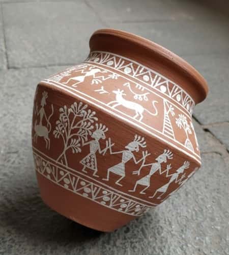 5. Warli-Inspired Clay Pot Painting