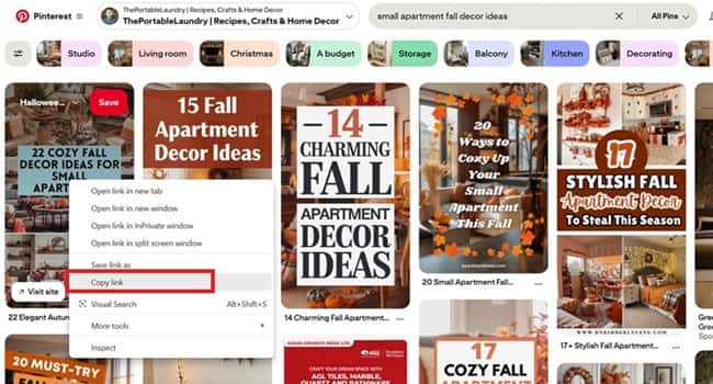 Copy the pin url of top ranking pin