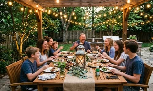 7. Outdoor Lantern and String Light Table