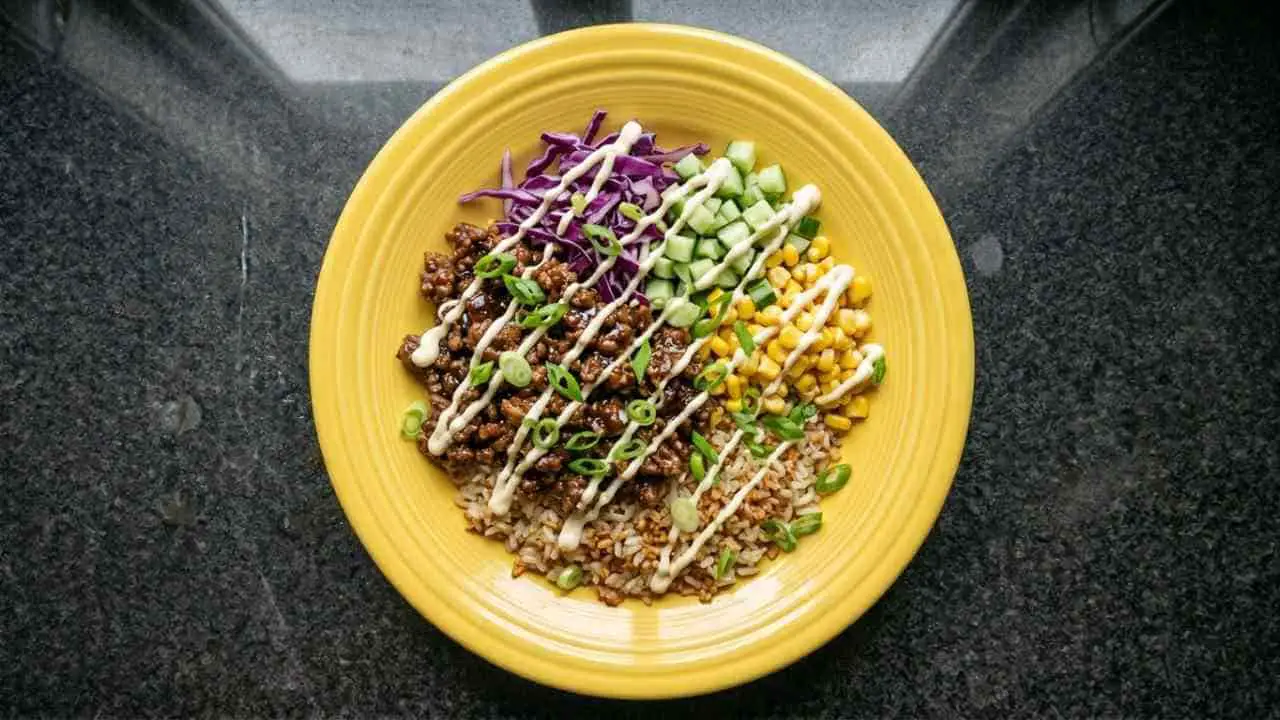 Ground Beef Hot Honey Bowl With Crispy Garlic Rice - featured