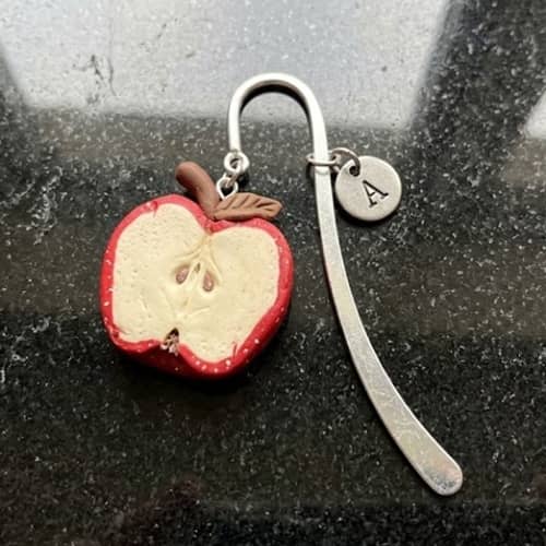 1. Apple Slice Bookmark Charm with Personalized Initial