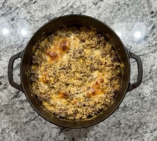 7. Creamy Cheeseburger Rice Pot with Pickle Crunch