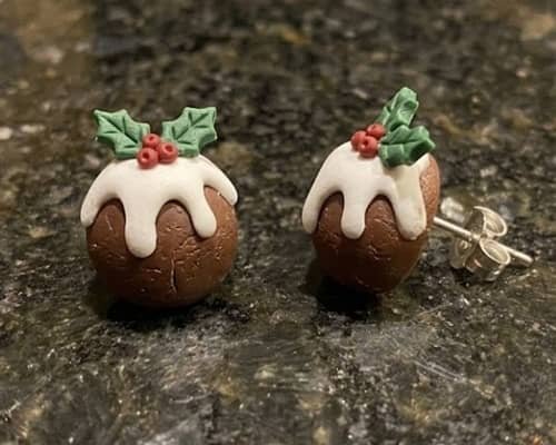 3. Christmas Pudding Earrings With Tiny Holly Leaves