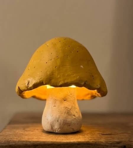 3. Tiny Clay Mushroom Lamp for a Shelf