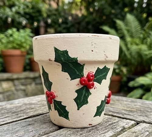 8. Christmas Holly Berry Clay Pot
