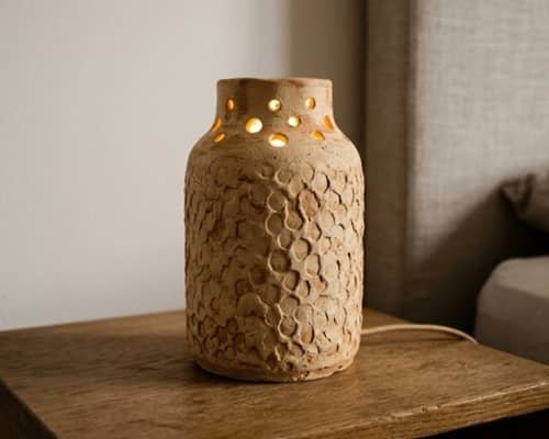 2. Textured Pebble Boho Clay Lamp